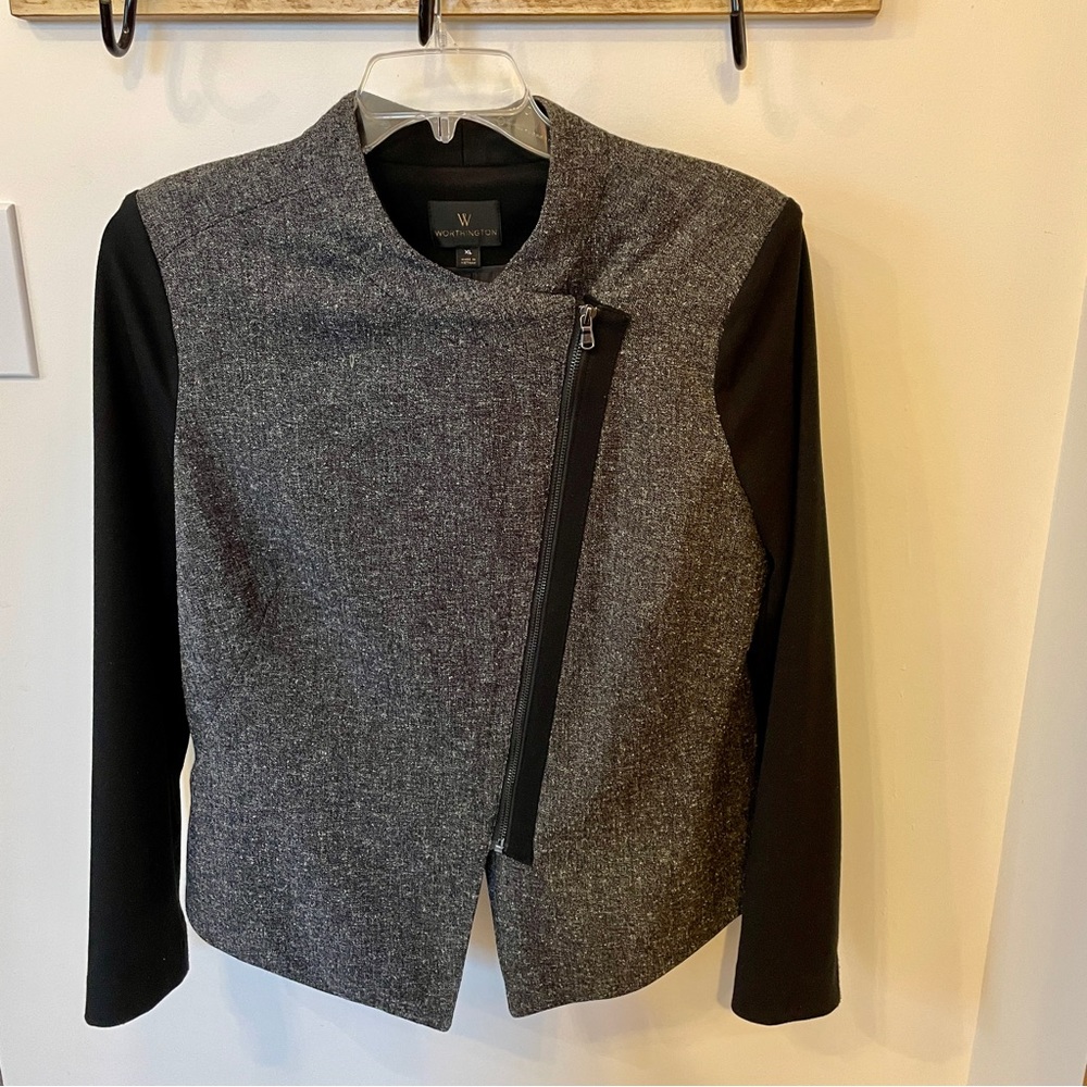 Worthington Women's XL Black Gray Asymmetrical Zip Career Blazer Jacket